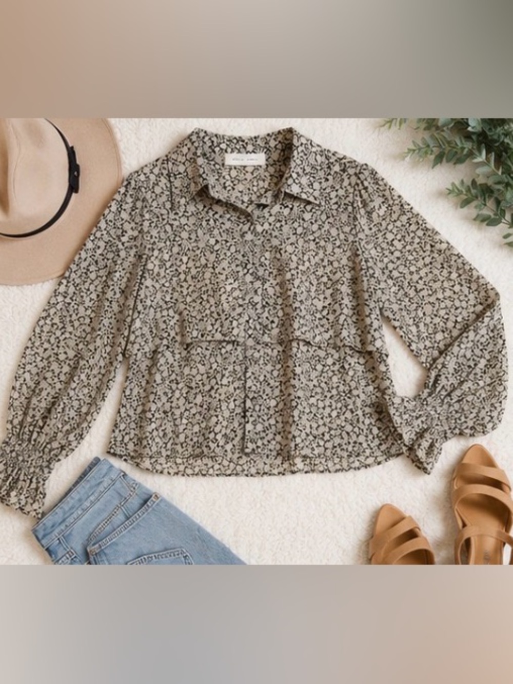Olivia James Floral Ruffle Blouse Small Black Cream Layered Boho Top - Picture 2 of 5